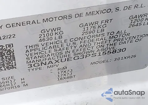 2023 Chevrolet Equinox Awd Lt z USA, uszkodzony, nr VIN 3GNAXUEG3PS155830